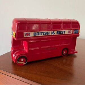 VINTAGE CERAMIC COIN BANK "BRITISH IS BEST" ENGLISH DOUBLE DECKER BUS BANK